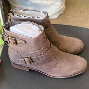 Women's Taupe Suede Ankle Booties with Buckle Straps